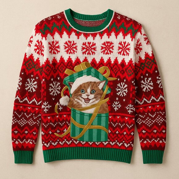 Holiday Time Sweaters - Holiday Time Cat in Gift Box 3D Ugly Christmas Sweater L Red Green Snowflake